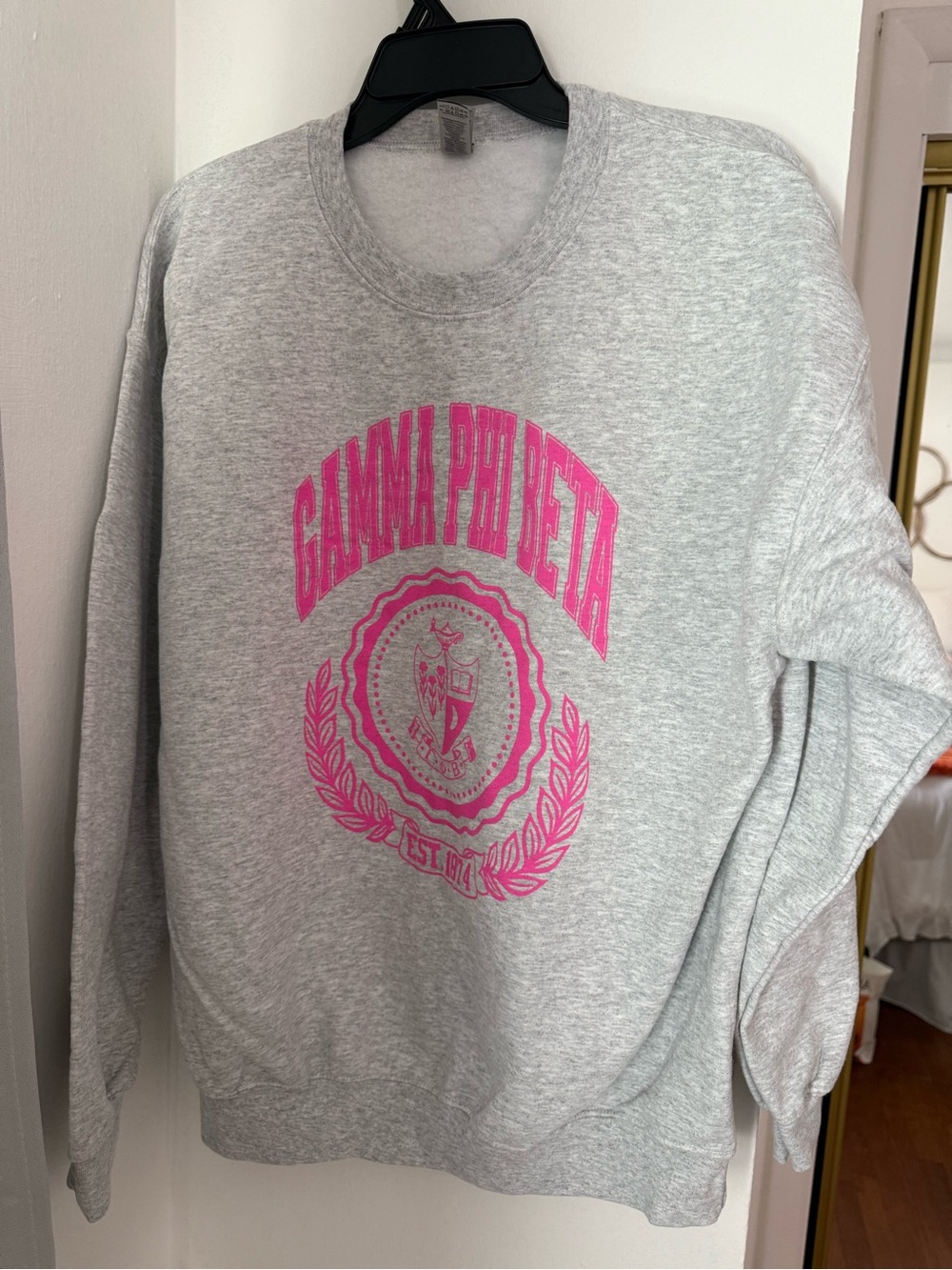Gildan Light Gray Crewneck Sweatshirt with Pink Gamma Phi Beta Crest